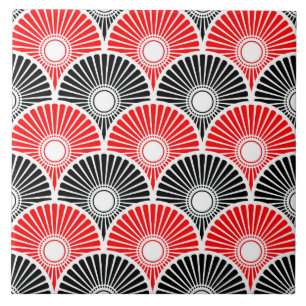 Red and Black Chinese Semi Circle Wave Muster Fliese