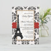 Red and Black Damask Eiffel Tower Wedding Einladung (Stehend Vorderseite)