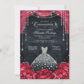 Red and Black Diamond Floral Quinceanera Einladung (Vorderseite)