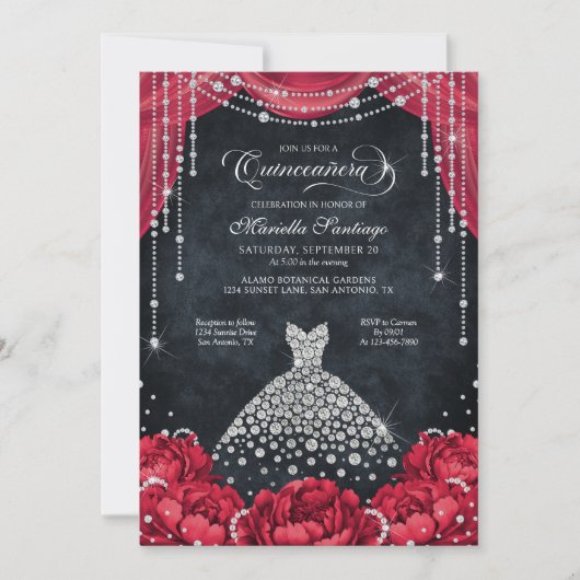 Red and Black Diamond Floral Quinceanera Einladung (Vorderseite)