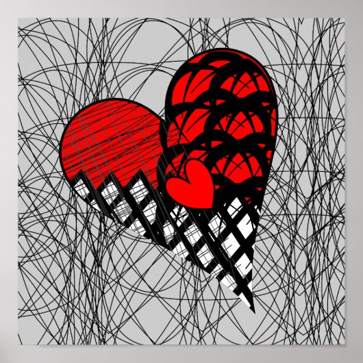 Red and Black Doodle Heart Funky Picture Poster (Vorne)
