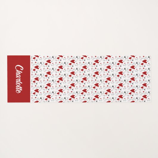 Red and Black Doodle Hearts Custom Monogram Name Yogamatte (Rückseite (Horizontal))