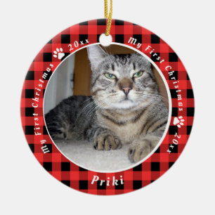 Red and Black Gingham Cat's My First Christmas Keramik Ornament