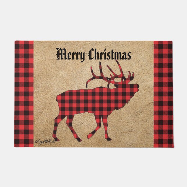 Red and Black Kariert Bull Elk Christmas Doormat Fußmatte (Vorderseite)