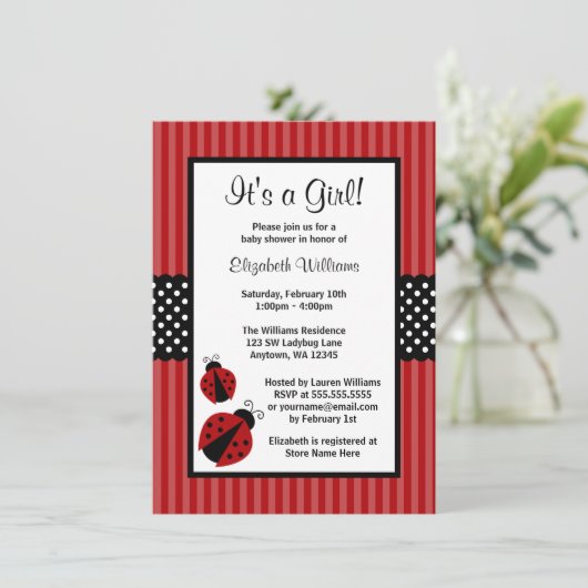 Red and Black Ladybug Stripted Dots Babydusche Einladung (Stehend Vorderseite)