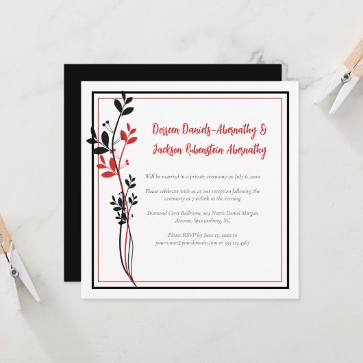 Red and Black Modern Botanical Reception Only | Einladung (Vorderseite/Rückseite Beispiel)