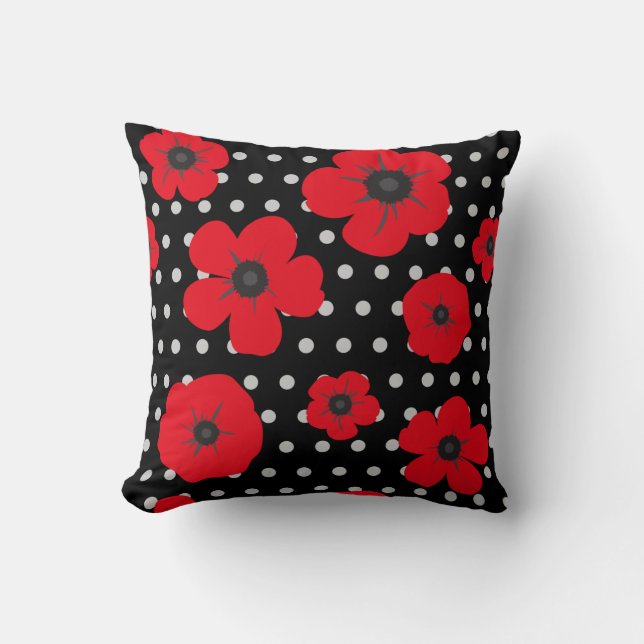 Red and Black Poppy and Polka Dot Pattern Kissen (Vorderseite)