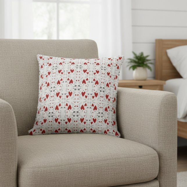 Red and Black Retro Hand Drawn Hearts Love  Kissen (cute red and black hearts hand drawn doodles accent pillow for her valentines theme bedroom decor)