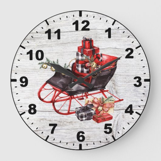Red and Black Sleigh Packages Christmas Barn Wood Große Wanduhr (Vorderseite)