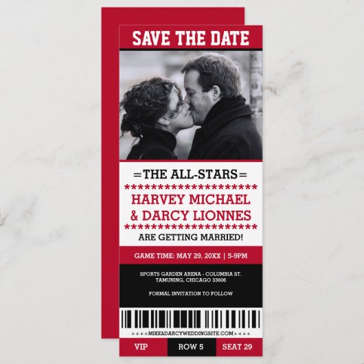 Red and Black Sports Ticket Save the Date (Vorne/Hinten)