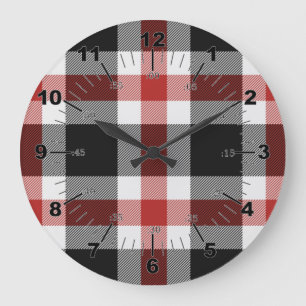 Red And Black Tartan Große Wanduhr