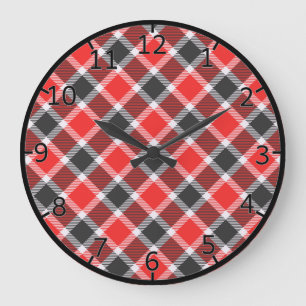 Red And Black Tartan Große Wanduhr