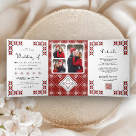 Red and Black Ukrainian Embroidery QR Code Wedding Dreifach Gefaltete Einladung