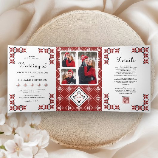 Red and Black Ukrainian Embroidery QR Code Wedding Dreifach Gefaltete Einladung