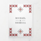 Red and Black Ukrainian Embroidery QR Code Wedding Dreifach Gefaltete Einladung (Cover)