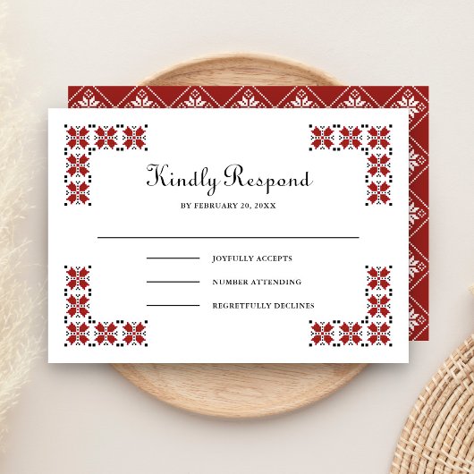 Red and Black Ukrainian Embroidery Wedding RSVP Karte