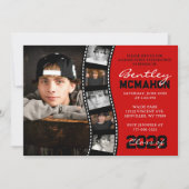 Red and Black Unique Filmstrip 6 Foto Abschluss Einladung (Vorderseite)