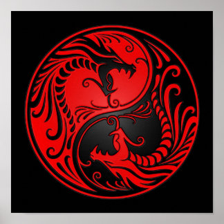 Red and Black Yin Yang Dragons Poster