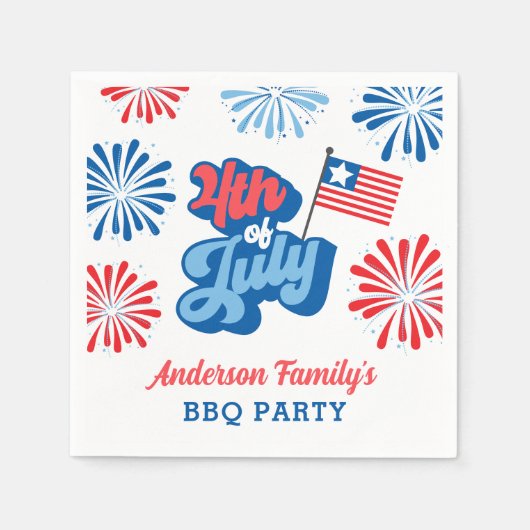 Red and Blue 4. Juli Fireworks Retro GRILLEN Party Serviette (Vorderseite)