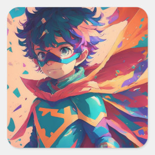 Red and Blue Anime Superhero Boy mit Cape Quadratischer Aufkleber