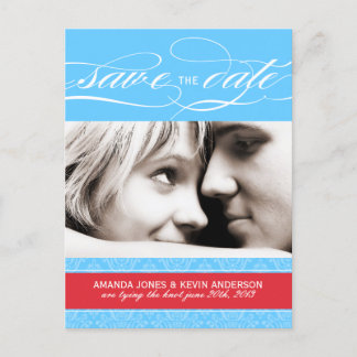 Red and Blue Damask Save the Date Ankündigungspostkarte