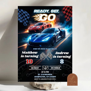 Red and Blue Fast Race Car Joint Geburtstag Einladung