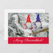 Red and Blue Fun Chrismukkah Santa Elves Foto Postkarte (Vorne/Hinten)
