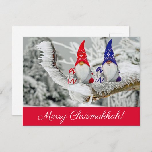 Red and Blue Fun Chrismukkah Santa Elves Foto Postkarte (Vorne/Hinten)