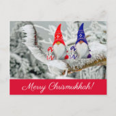 Red and Blue Fun Chrismukkah Santa Elves Foto Postkarte (Vorderseite)