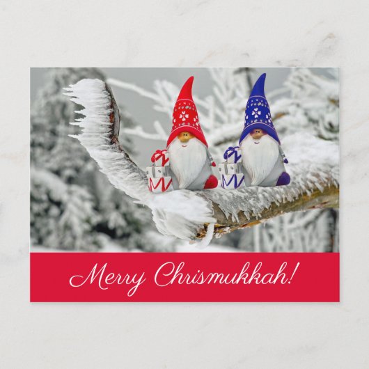 Red and Blue Fun Chrismukkah Santa Elves Foto Postkarte (Vorderseite)