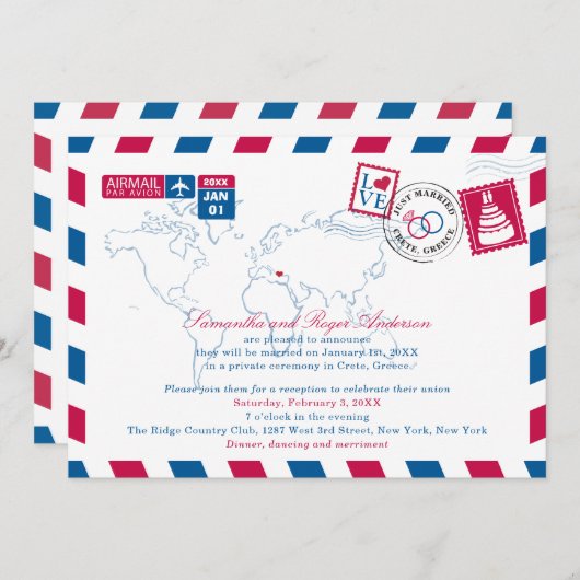 Red and Blue Greece Airmail Post Wedeption Einladung (Vorne/Hinten)