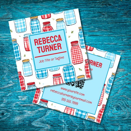 Red and Blue Mason Jar Pattern, QR Code Quadratische Visitenkarte