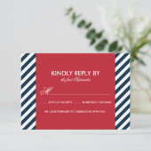Red and Blue Nautical Stripes Wedding RSVP Card Karte (Stehend Vorderseite)