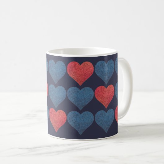 Red and Blue Patterned Hearts Kaffeetasse (VorderseiteRechts)
