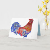 Red and Blue Rooster Watercolor Chicken Cockerel Karte (Gelbe Blume)