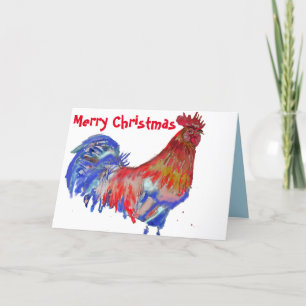 Red and Blue Rooster Watercolor Chips Weihnachten Karte