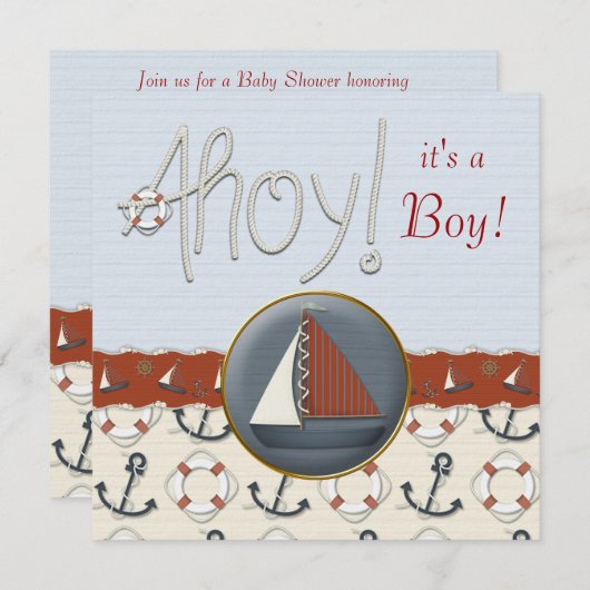 Red and Blue Sailboat Baby Dusche Einladung (Vorne/Hinten)