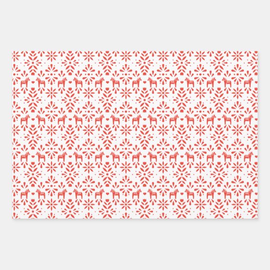Red and Blue Scandinavian Dala Horse Holiday Geschenkpapier Set (Vorderseite)