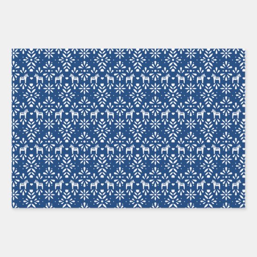 Red and Blue Scandinavian Dala Horse Holiday Geschenkpapier Set (Vorderseite 3)