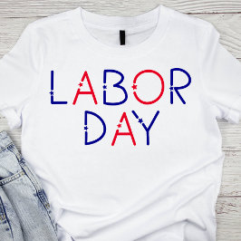 Red and Blue Starry Labour Day Letters T-Shirt