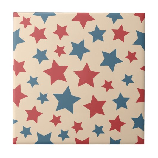 Red and Blue Stars, 4th of July, Beige Background Fliese (Vorderseite)