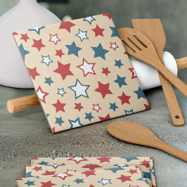 Red and Blue Stars, 4th of July, Beige Background Fliese