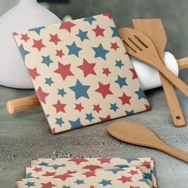Red and Blue Stars, 4th of July, Beige Background Fliese