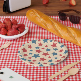 Red and Blue Stars, 4th of July, Beige Background Pappteller