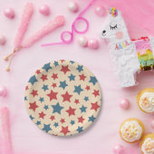 Red and Blue Stars, 4th of July, Beige Background Pappteller (Party)