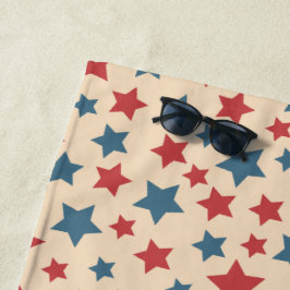 Red and Blue Stars, 4th of July, Beige Background Strandtuch