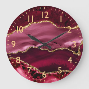 Red and Faux Gold Glitter Marble Agate Große Wanduhr