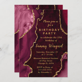 Red and Gold Agate Marble Birthday Party Einladung