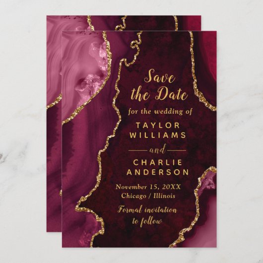 Red and Gold Agate Marble Save The Date Einladung (Vorne/Hinten)