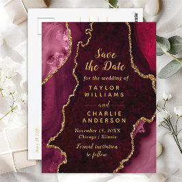 Red and Gold Agate Marble Save the Date Postkarte